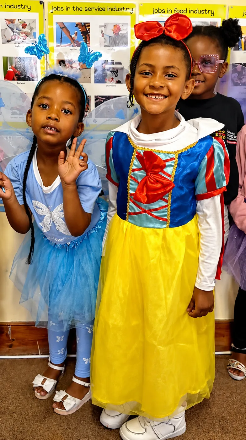 JENS Grade R learners dressed as a blue fairy and a storybook princess in front of the classroom careers posters on Careers Day