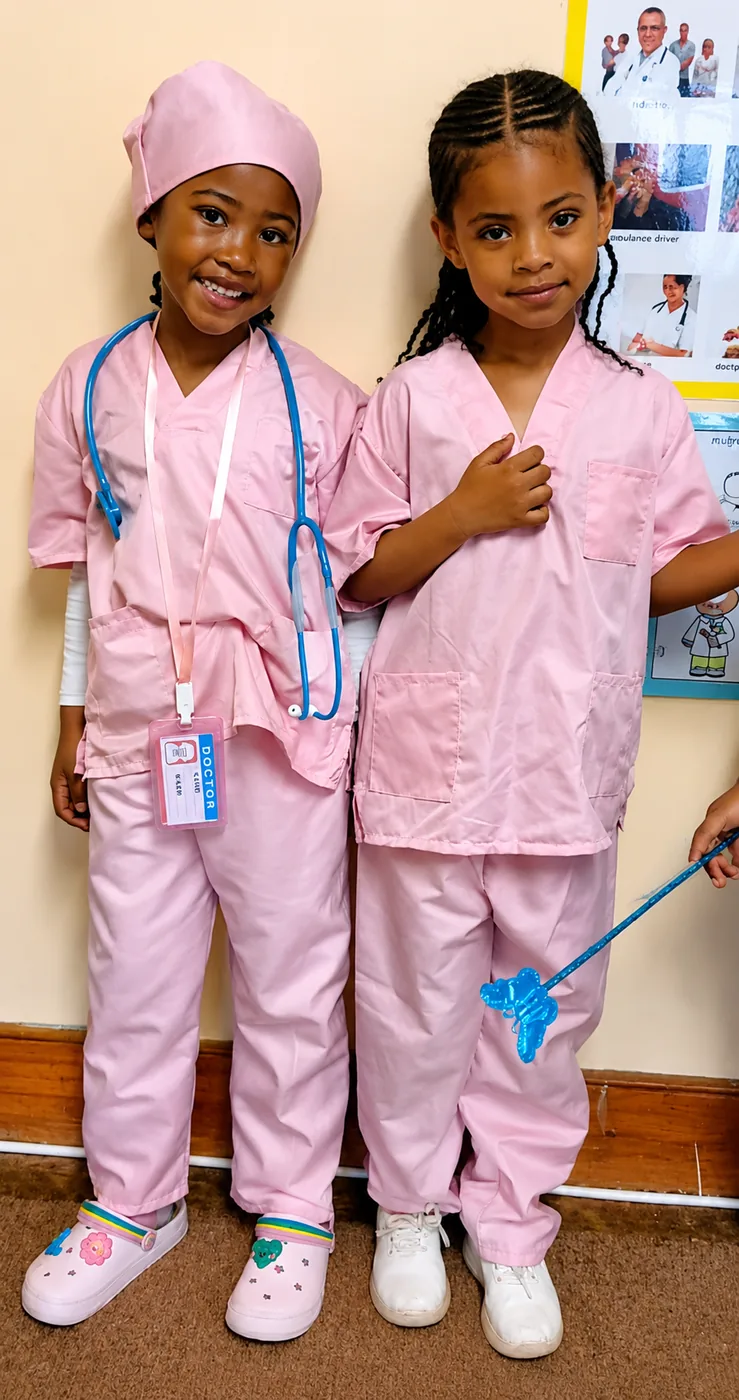 Two JENS Grade R learners in pink medical scrubs, one wearing a doctor name badge and stethoscope, on Careers Day