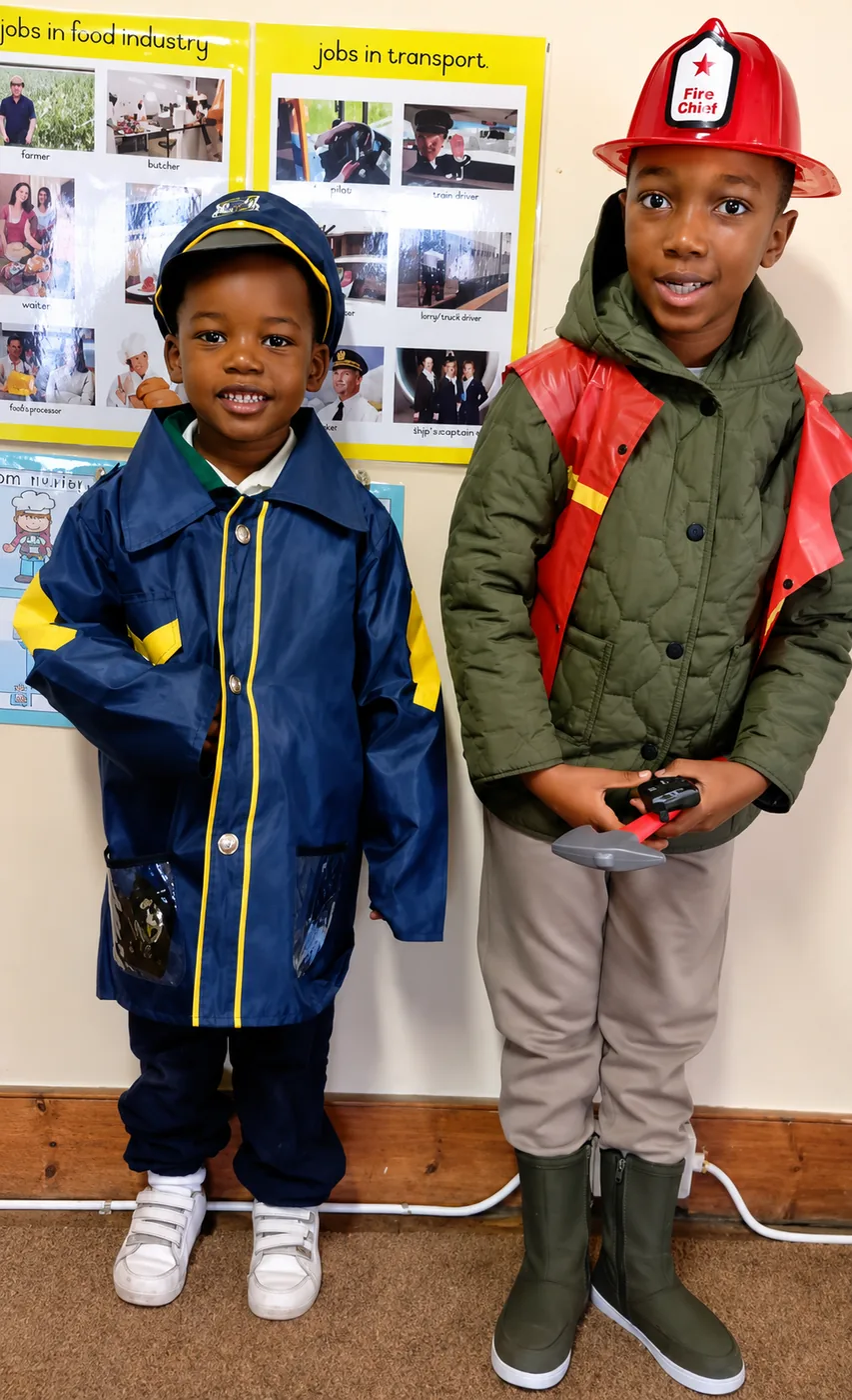 Two JENS Grade R learners dressed as a pilot and a fire chief, standing beside the classroom careers posters