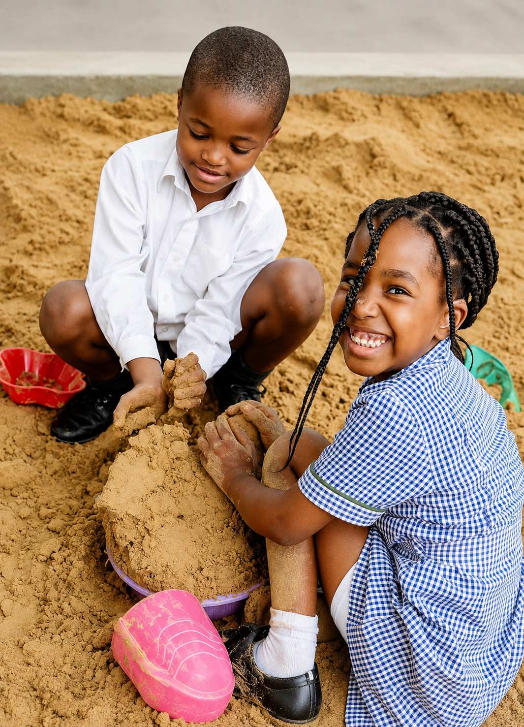 Two JENS learners laughing while building a sandcastle together in the school sandpit