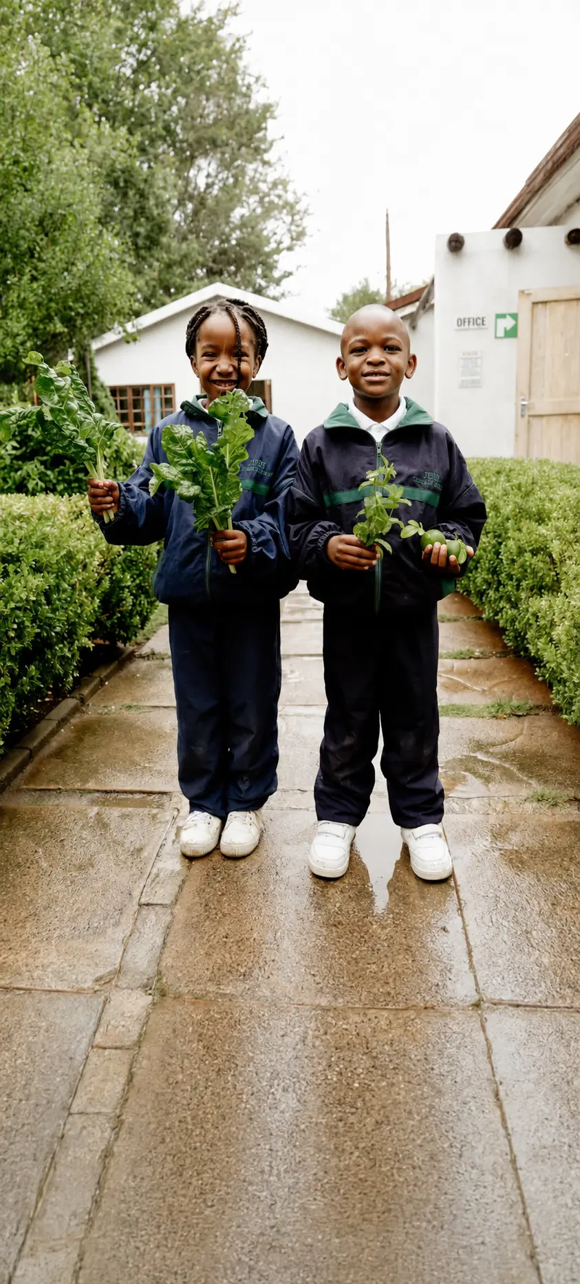 Two JENS learners in navy school tracksuits holding spinach leaves and lemons they picked in the school garden