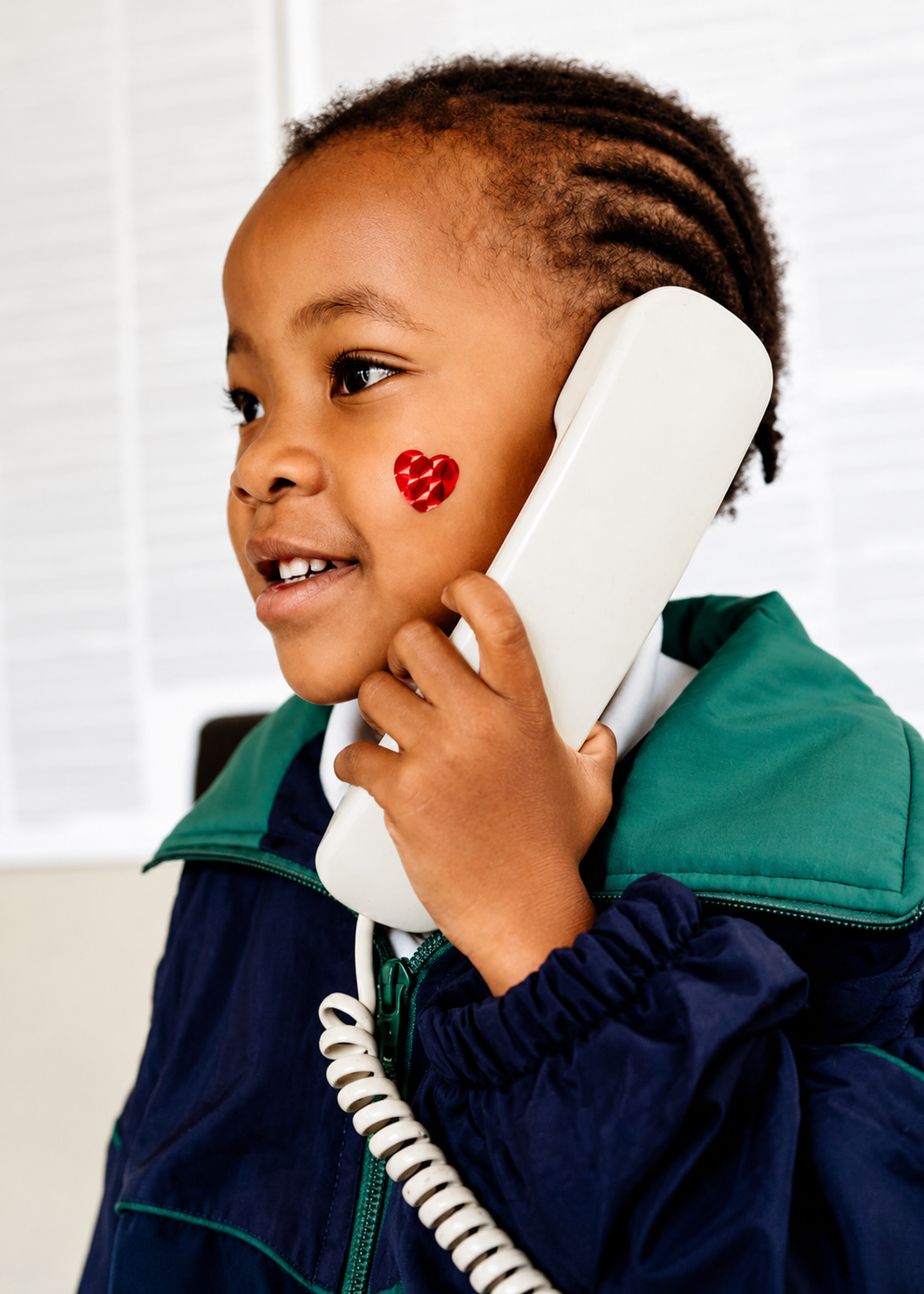 A JENS learner in a navy and green school jacket smiling while pretending to talk on a telephone during imaginative play