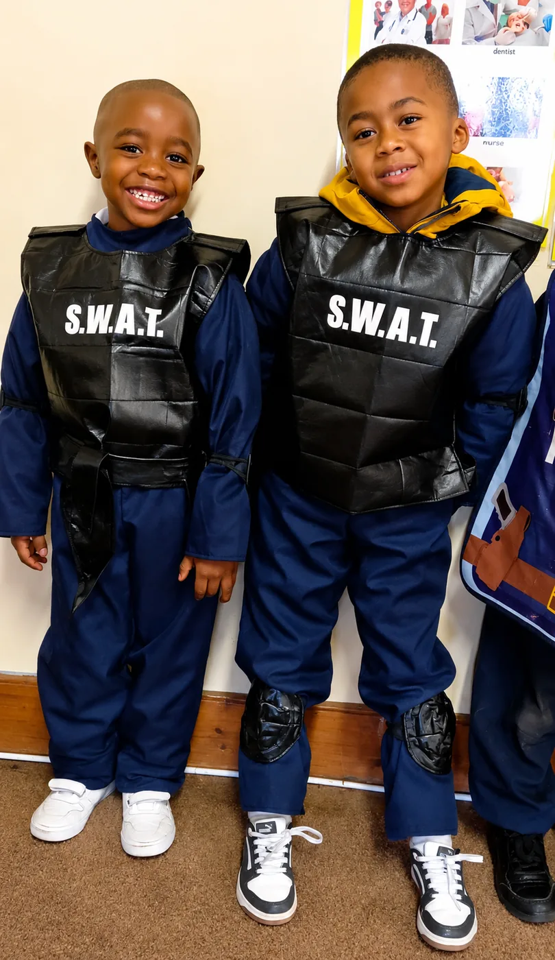 Two smiling JENS Grade R learners dressed in S.W.A.T. uniforms for Careers Day
