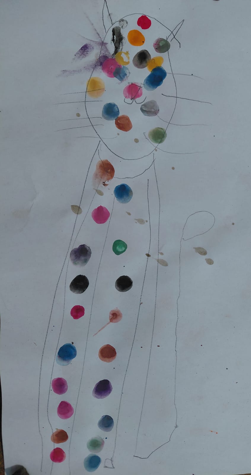 A Grade 1 learner's painting of a cat covered in colourful finger-painted spots
