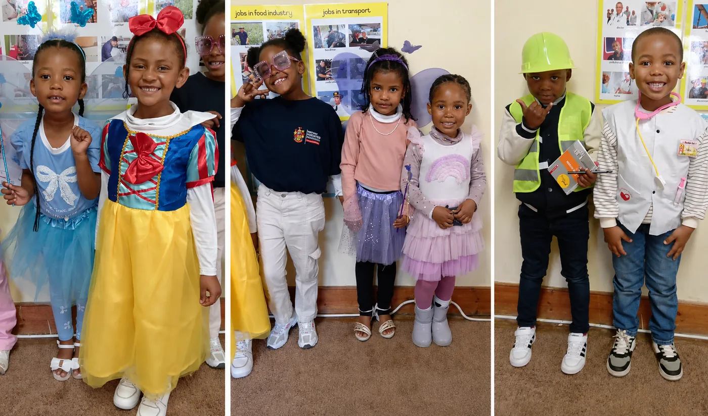 JENS Grade R learners together in their Careers Day outfits, including princesses, a builder, a doctor and a bus driver